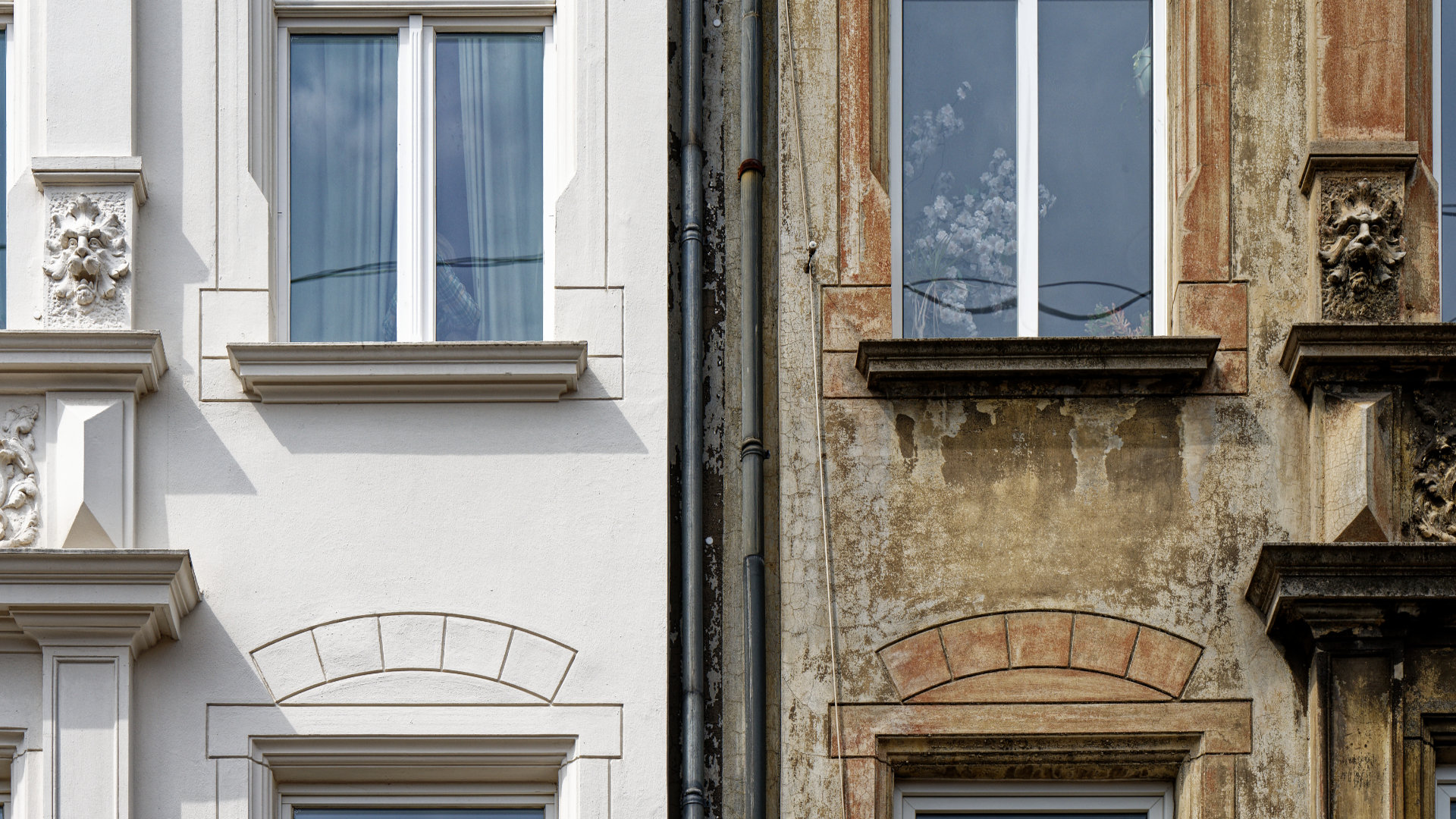 building renovation, renovated and not renovated old building